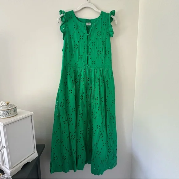 J.Crew Green Eyelet Ruffle Sleeve Dress - Picture 2 of 10